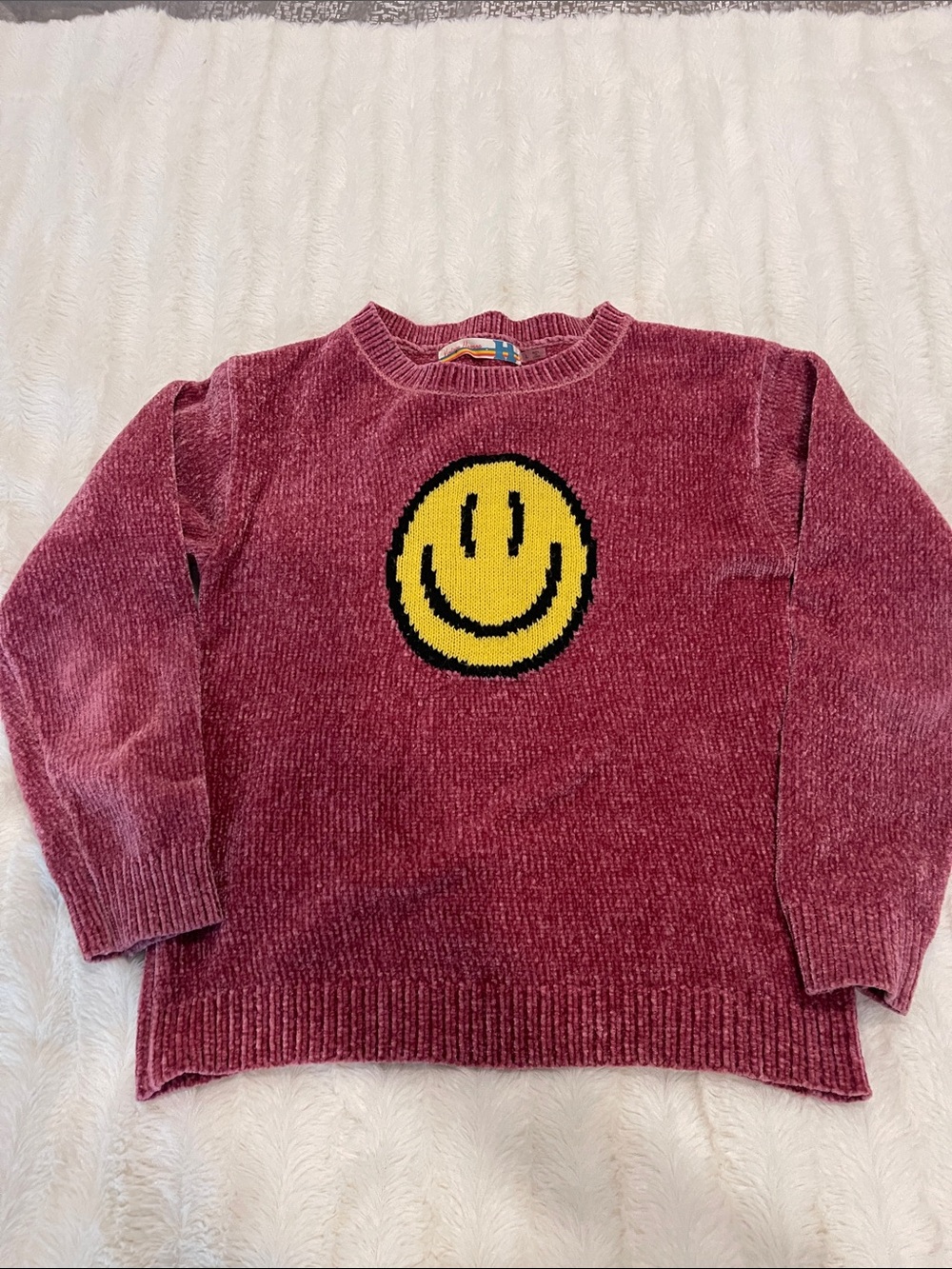 Vintage Havana Burgundy Chenille Crewneck Sweater with Yellow Smiley